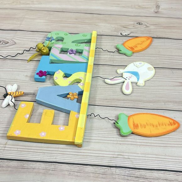 Vintage EASTER Wooden Hanging Sign Decoration Hand Painted Bunny Bird Spring 14” - Picture 8 of 12